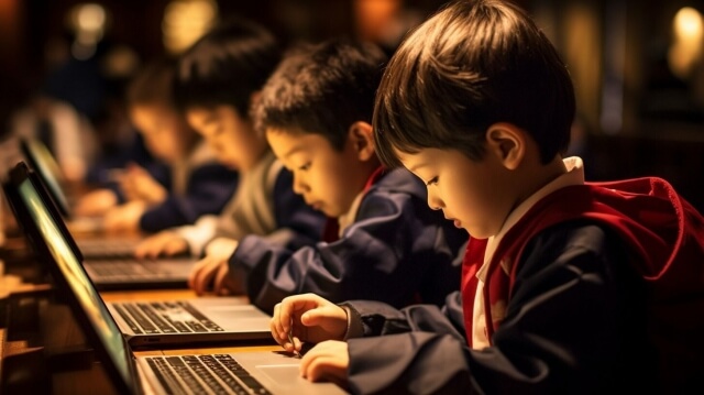 制服を着た子供たちがパソコンを操作している画像