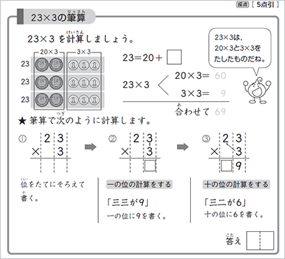 かけ算のひっ算の手順を解説した教材の画像