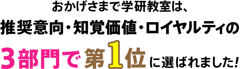 おかげさまで学研教室は、推奨意向・知覚価値・ロイヤルティの3部門で第1位に選ばれました！