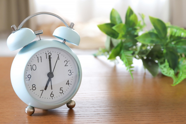 目覚まし時計と植物の画像