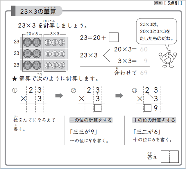 かけ算のひっ算の手順を解説した教材の画像