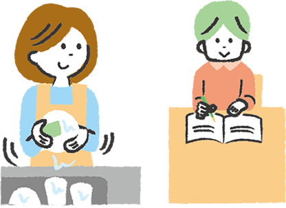 宿題を考えている男の子と、微笑み見守る母親のイラスト