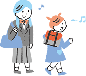姉妹二人で仲良く教室へ通う様子のイラスト
