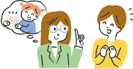 先生に子どもをほめられ、うれしい様子の保護者さまのイラスト