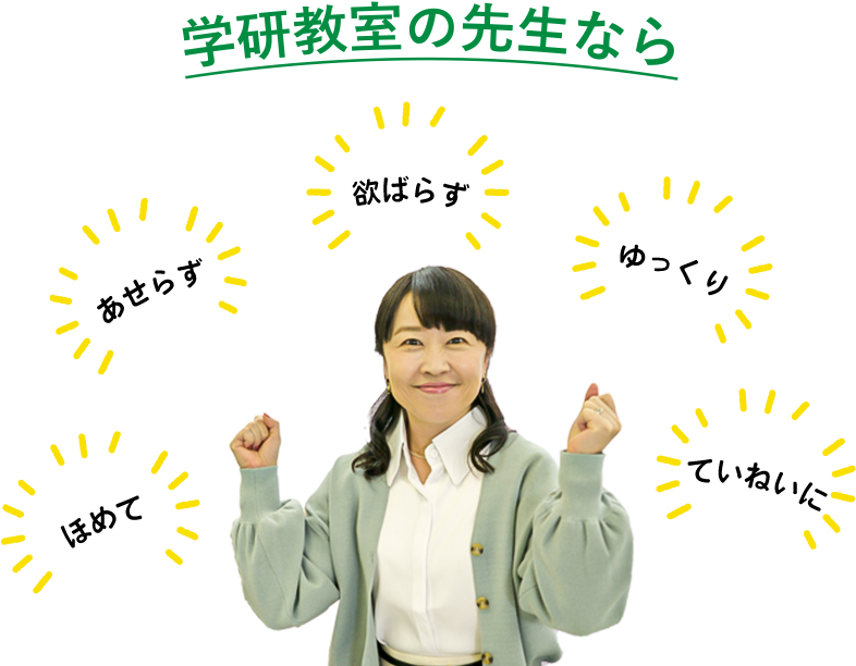 学研教室の先生なら、ほめて、あせらず、欲張
                        ばらず、ゆっくり、ていねいに
