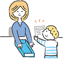 指導者のところに提出しに行く子供のイラスト