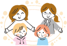 ママと先生が、子ども(姉と弟)を支えているイラスト