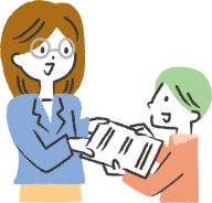 先生にプリントを渡す男の子のイラスト