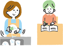 宿題を考えている男の子と、微笑み見守る母親のイラスト